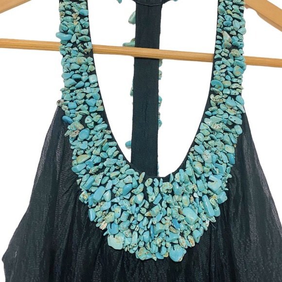 Bebe Turquoise Embellished Black Silk Razorback Tank XXS - Picture 2 of 7